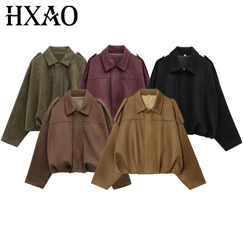 HXAO – veste courte en daim pour femme, blouson bombardier surdimensionné, manches chauve-souris, vê