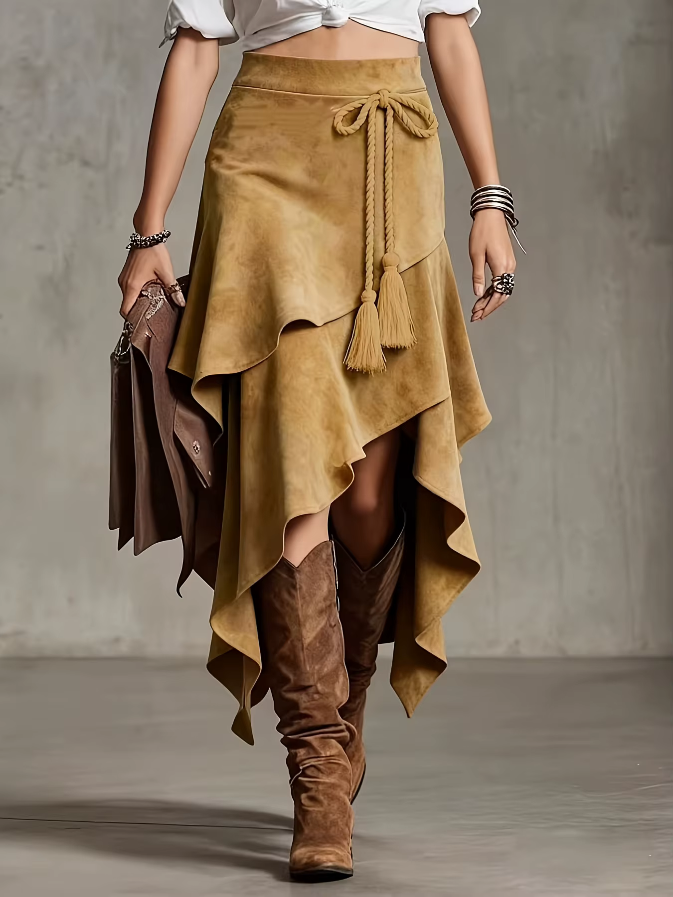Jupe mi-longue en daim de couleur unie, design irrégulier de style western vintage