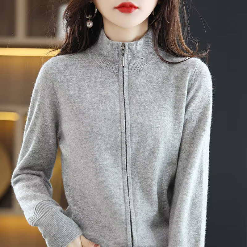 Nouveau pull en laine pour femme printemps-automne 2026, cardigan court à col montant zippé, couleur