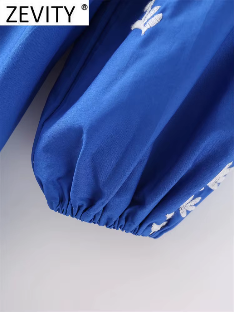 Zevity-Robe Mi-Longue Brodée Florale pour Femme, Vêtement à Plis, Décontracté, Bleu, Col Montant, Ma