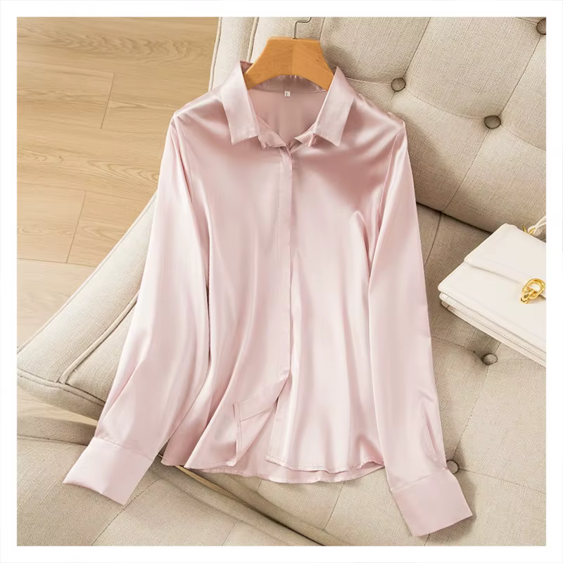 2025 femmes haut tendance tempérament lourd soie élastique Satin couleur unie à manches longues bure