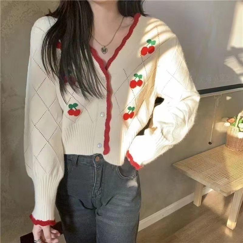 Cardigan tricoté à manches longues et col en v pour femme, haut décontracté, ample, boutons floraux,