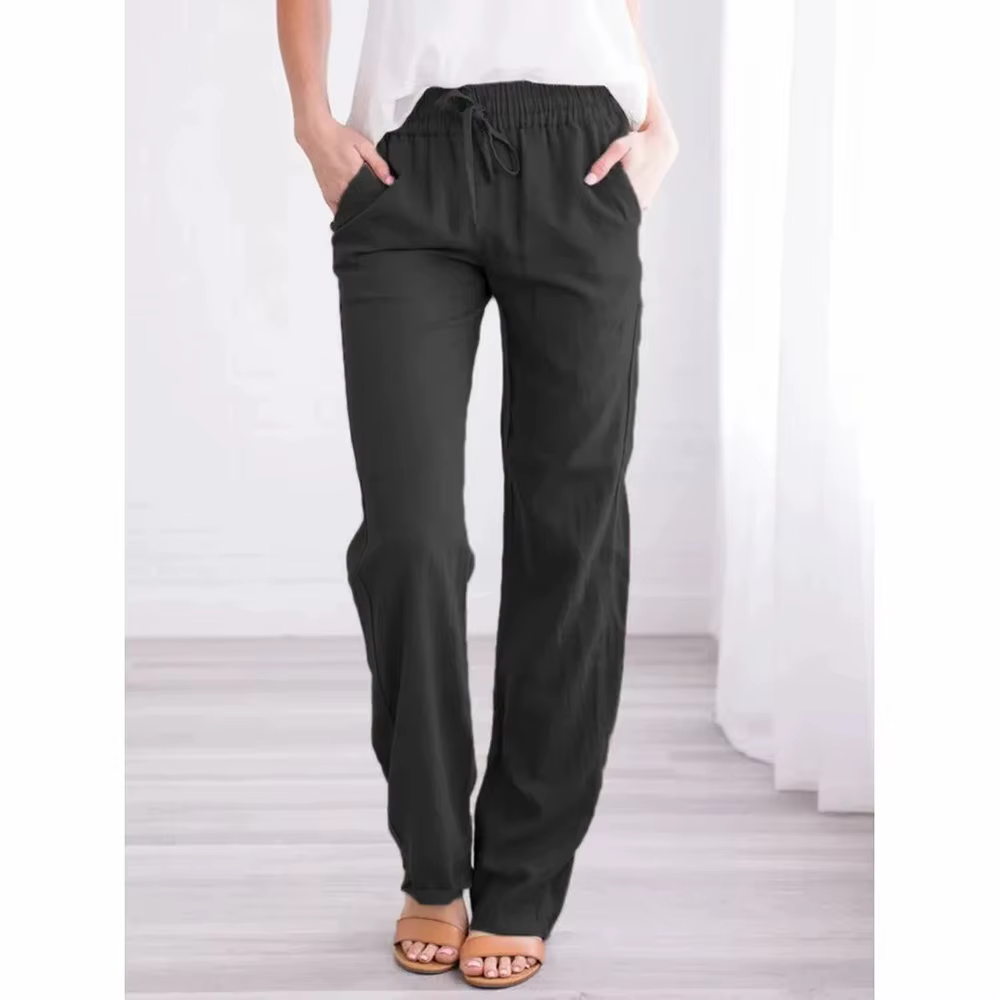 Pantalon en coton et lin pour femmes, avec cordon de serrage, taille élastique, décontracté, couleur