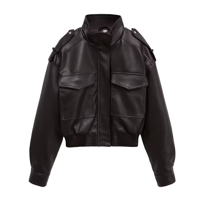 ETJ 2025 Nouvelle collection femme : veste courte moto col montant Y2K grande poche veste en simili 
