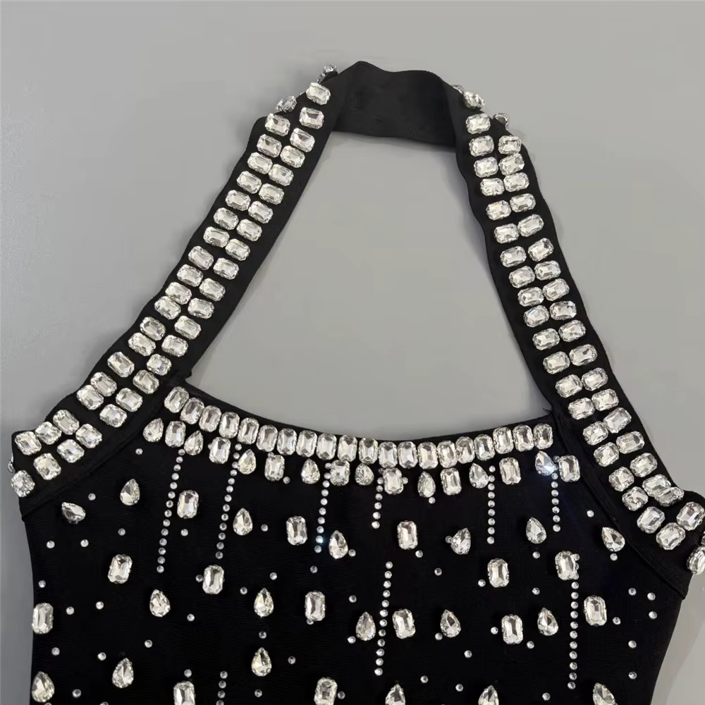 Robe de soirée mini pour femme, style halter, ornée de strass et de diamants, idéale pour les clubs 