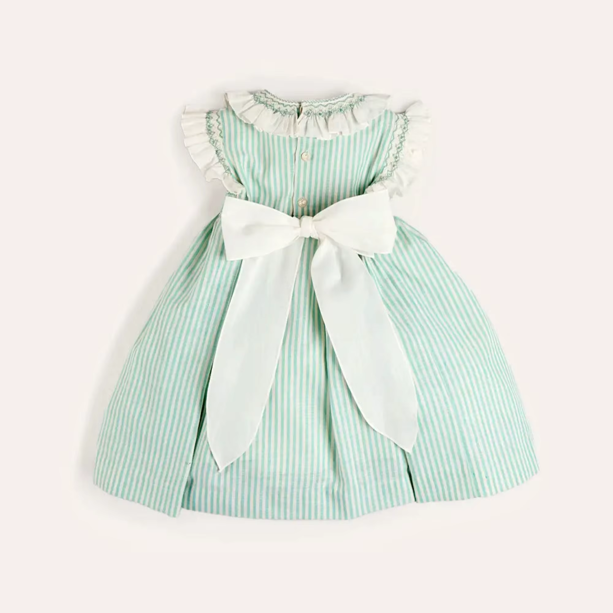 Robes d'été élégantes sans manches pour filles, couleur verte, rayées, avec col smocké à volants fai