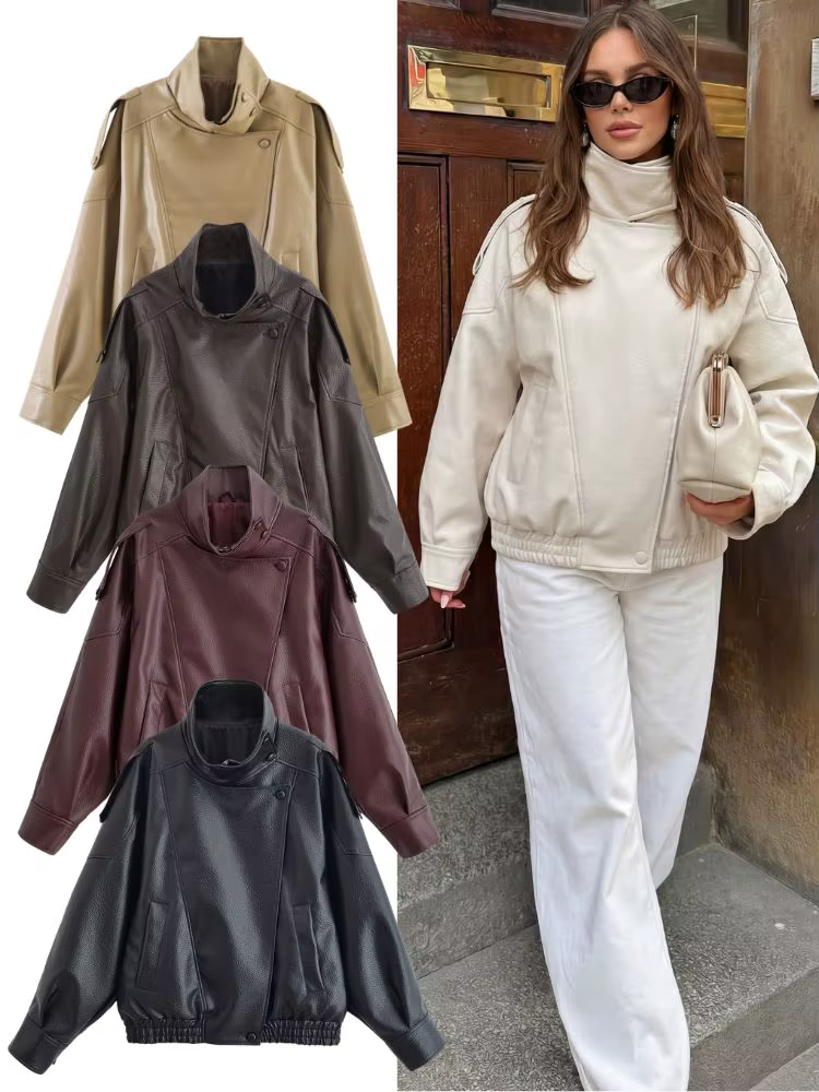 HH Veste en similicuir pour femme Printemps Automne 2026, style motard vintage oversize, coupe ample