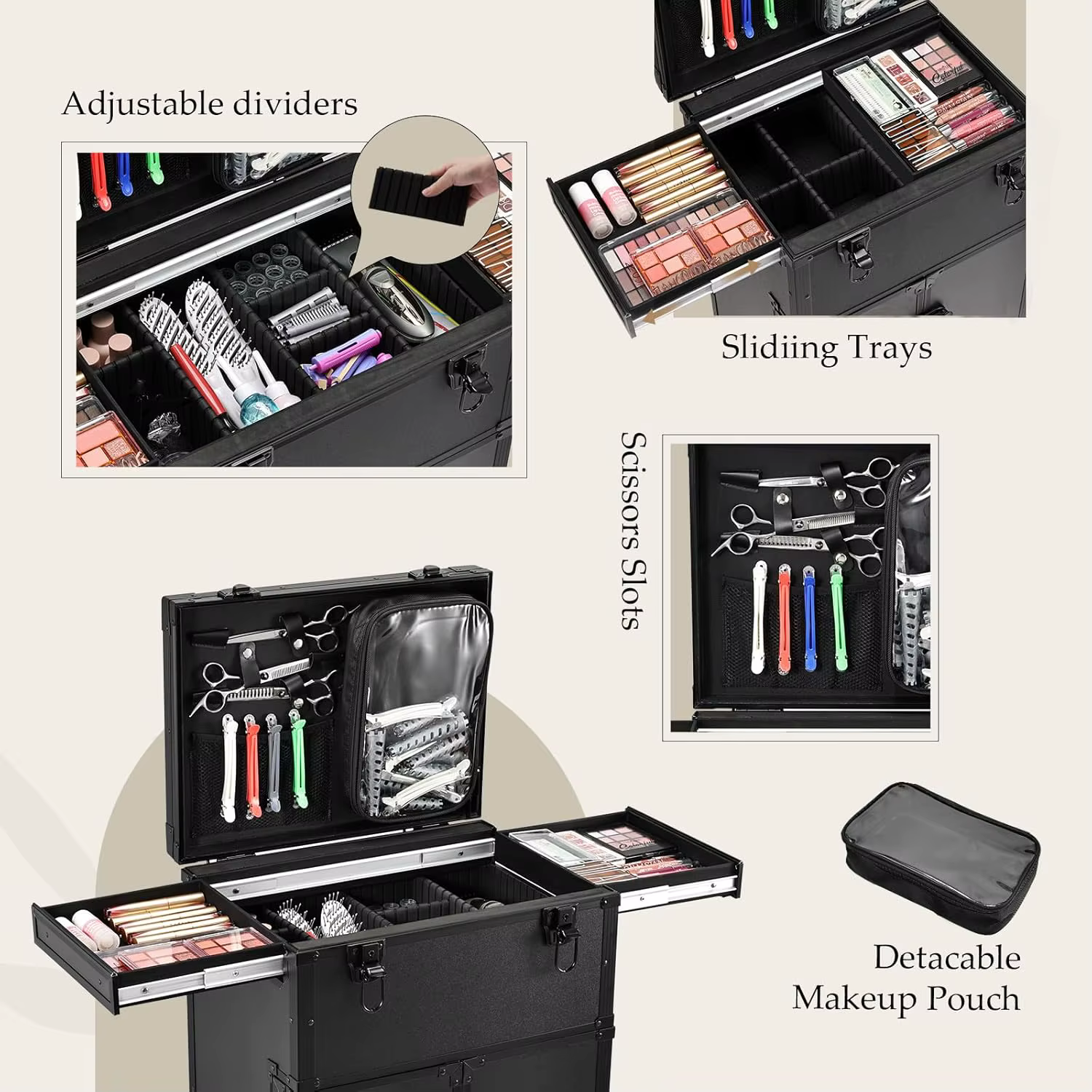 Trousse de maquillage professionnelle à roulettes, 4 tiroirs, étui de Train cosmétique pour coiffeur