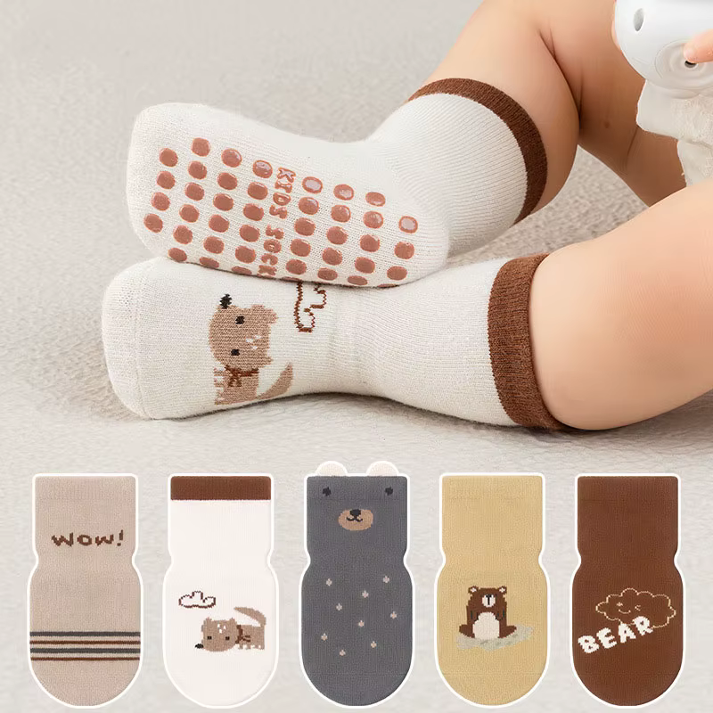 5 paires de chaussettes antidérapantes en coton pour enfants, garçons et filles, chaussettes de sol
