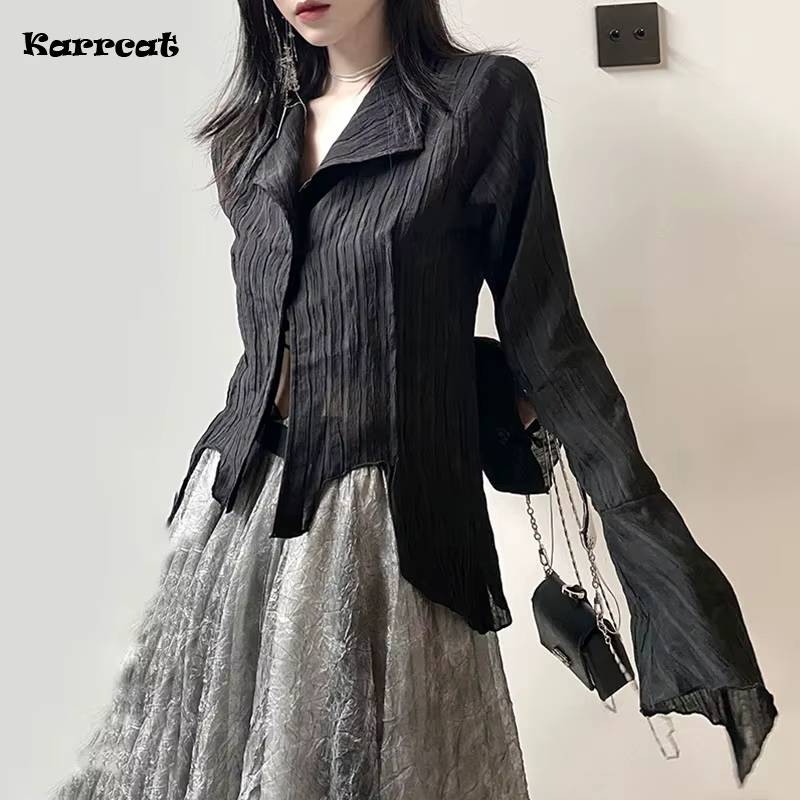 Karrcat – chemises gothiques noires, irrégulières, Style Yamamoto, Blouse à manches évasées, vêtemen