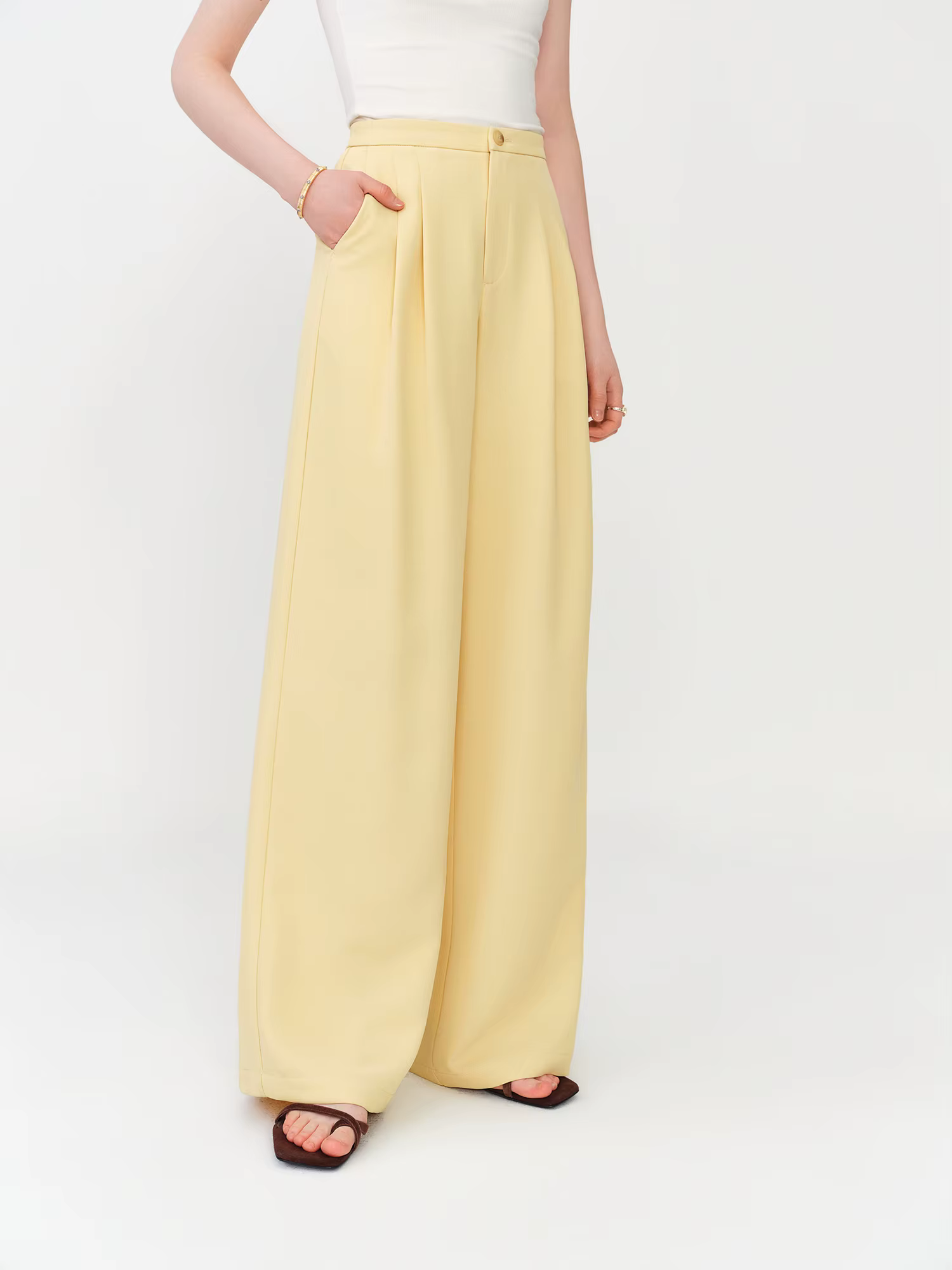 Pantalon droit taille haute pour femme FSLE 2026 avec taille élastique - Pantalon décontracté fluide