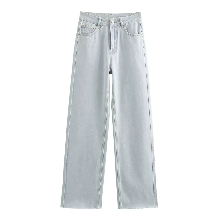 ETJ jean taille haute à jambes larges femme classique tout avec cinq poches lavé doux confortable je