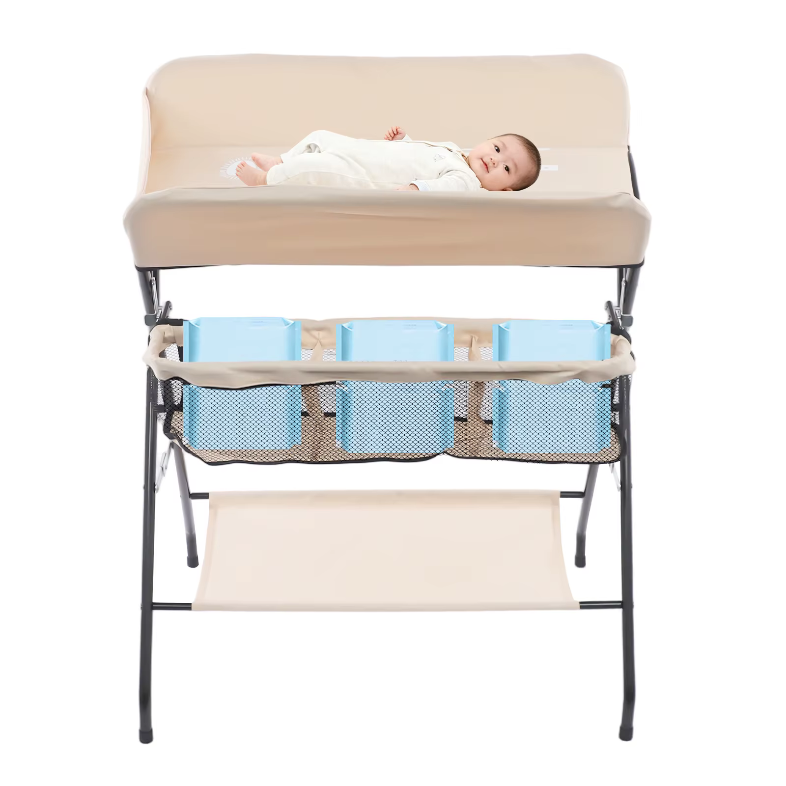 Table à langer pliable pour bébé, capacité de 33 lb, station à couches portable avec panier de range