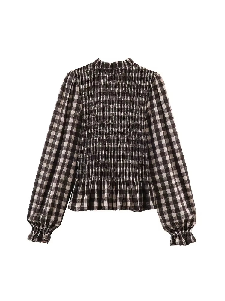 Nlzgmsj 2025 Vintage Chic marron chemises à carreaux femmes à manches longues Blouses pli mode décon