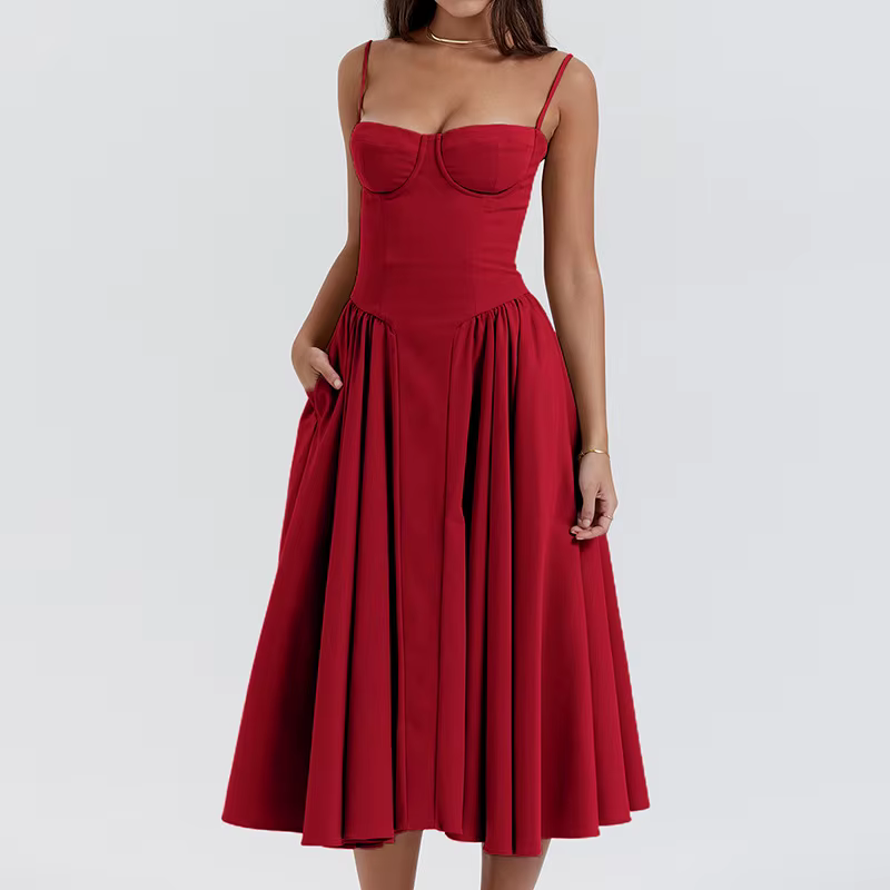 Robe mi-longue plissée dos nu pour femme, élégante, sexy, solide, fronde, soirée, robes trapèze, été