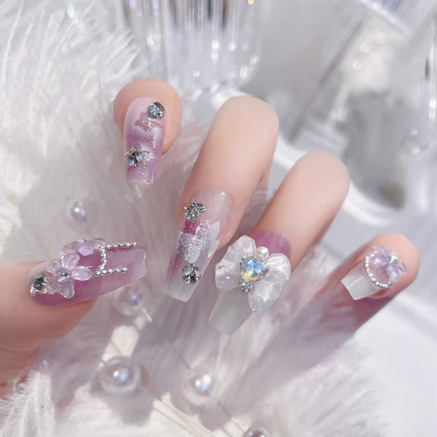 Blush rose faux ongles nœud papillon diamant perle conception 3D presse sur les pointes d'ongles ave