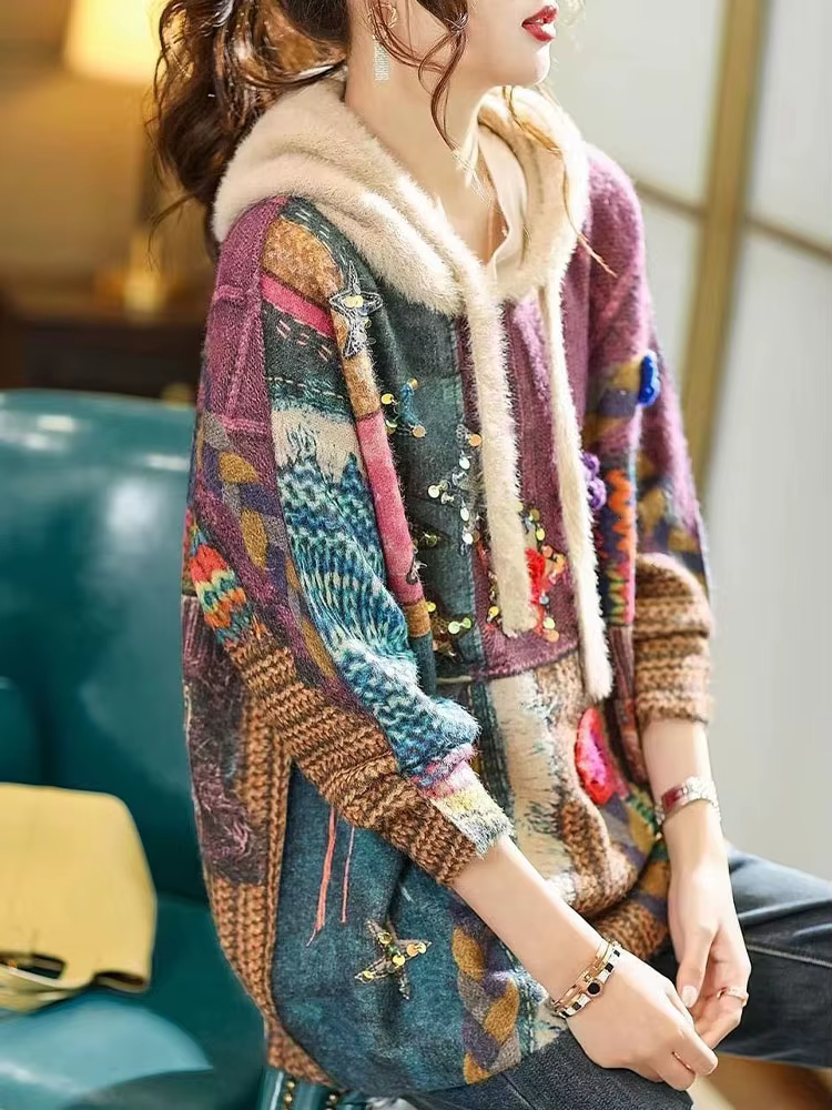 Amax luluE hiver coréen femmes de luxe à capuche imprimé paillettes tricoté chandails femme mode pul