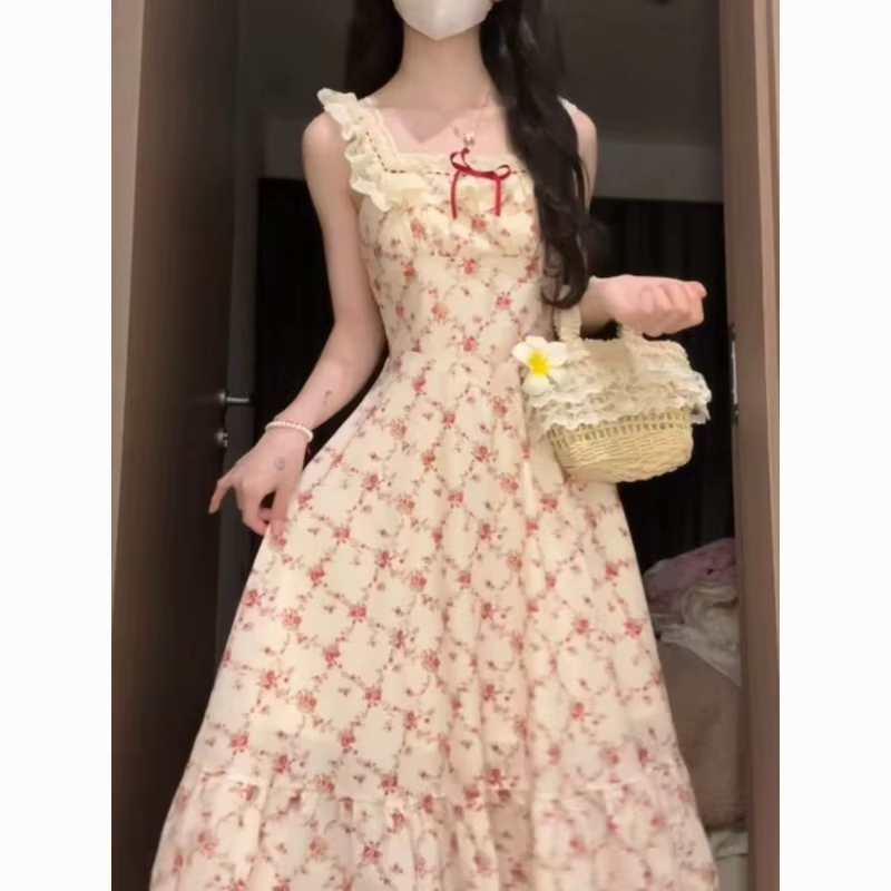 Robe imprimée pastorale française pour femmes, douce, douce, voyage d'été, plage, longue robe à carr