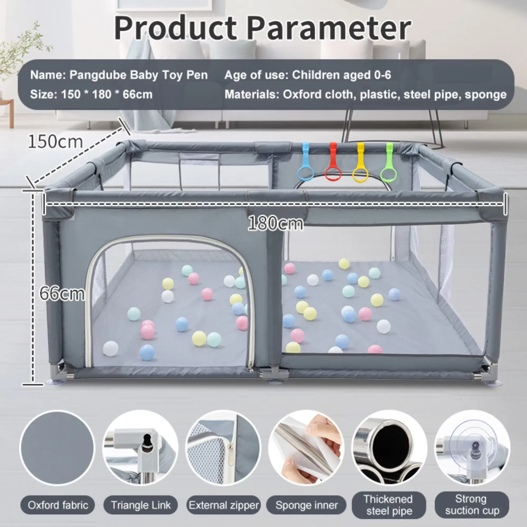 Parc de jeu pour bébé gris clair avec anneaux de traction, barrière de sécurité pour enfant, boîte à