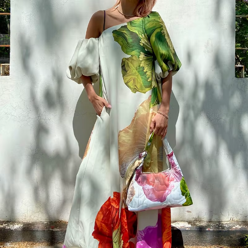 Sexy dame col incliné taille haute Robe Robe plage vacances fleur imprimé tenue décontractée printem