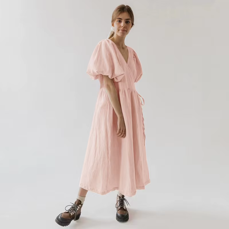 Robe longue vintage à manches bouffantes pour femme, mousseline, pansement, gaze, col en V, bandage,
