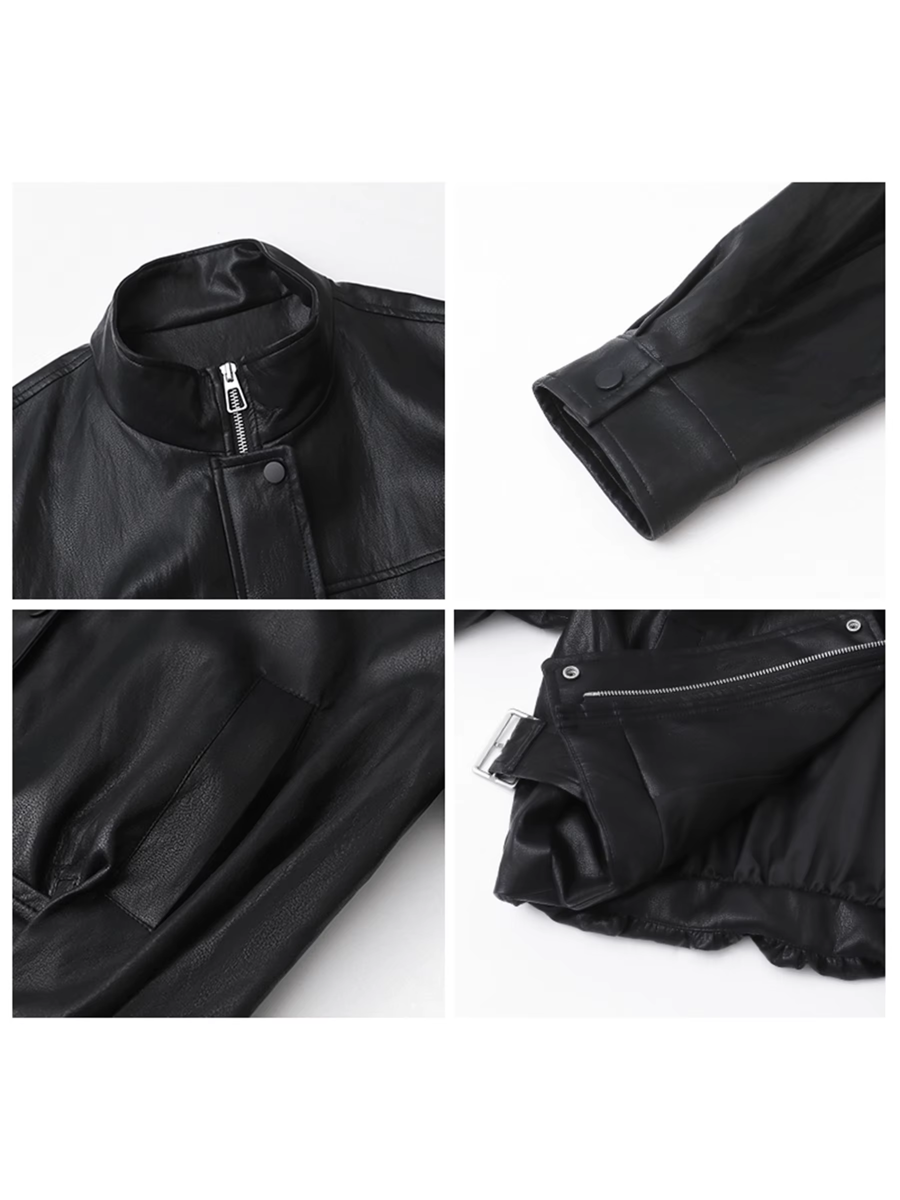 CHIC VEN Nouvelle Veste Courte Femme en PU Style Motard Coupe Ample Col Montant Unie Coupe-Vent Prin