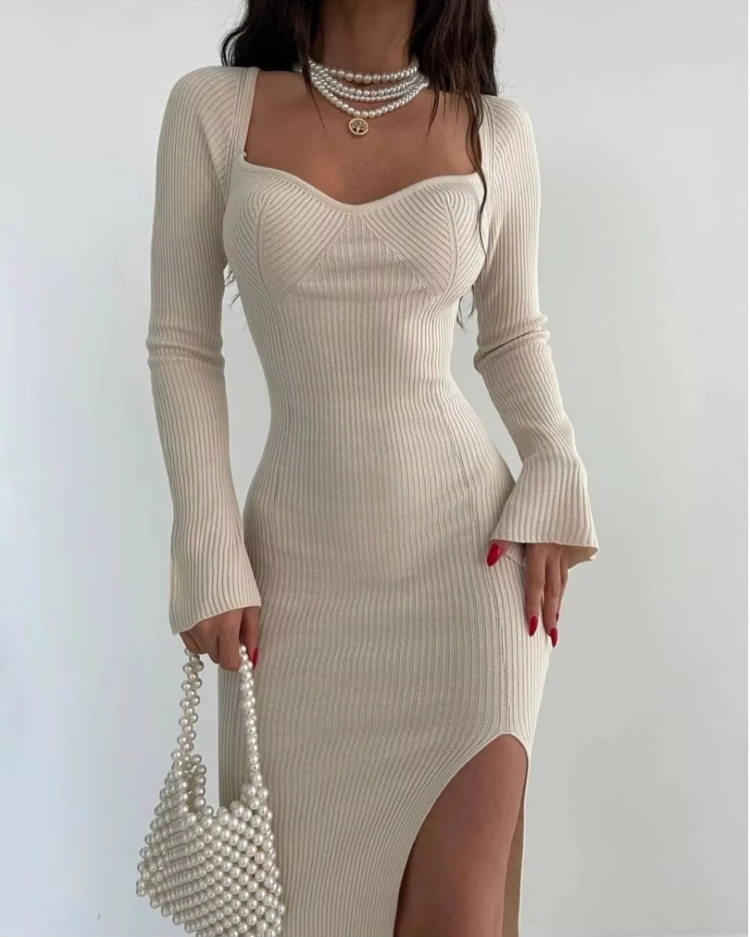 Robe fendue en tricot côtelé pour femmes, col carré cryptographique, élégante, tenues à la mode, rob