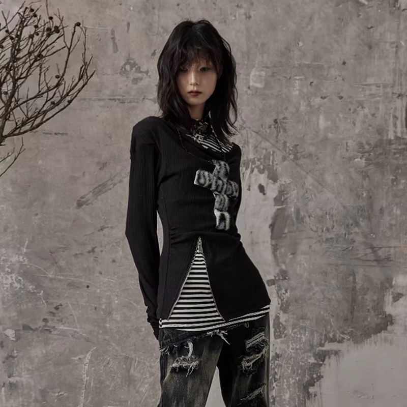 Karrcat Grunge esthétique faux deux pièces hauts Trashy Y2k à manches longues tricoté hauts Wastelan