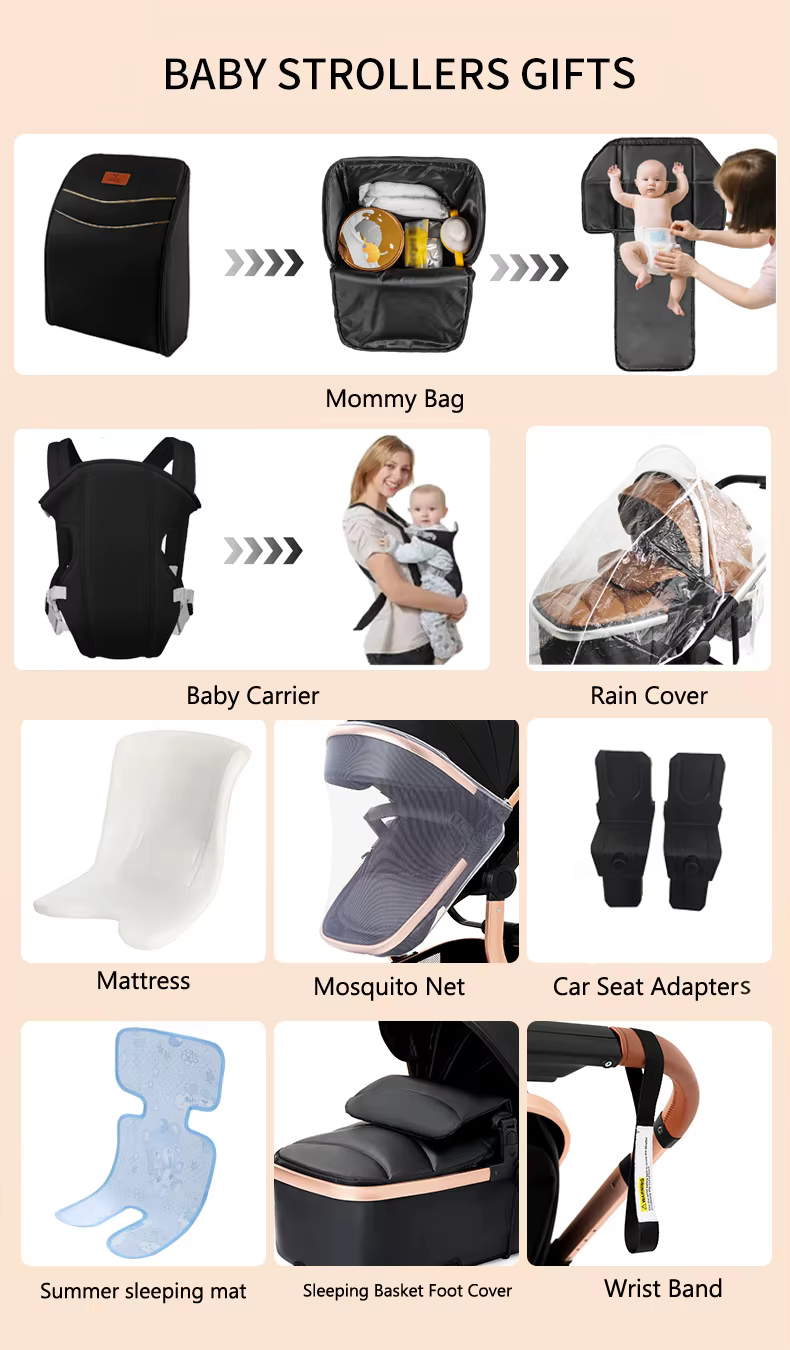 Poussette 3 en 1 en cuir PU pour bébé, avec mousqueton, siège de voiture, absorbant les chocs, imper