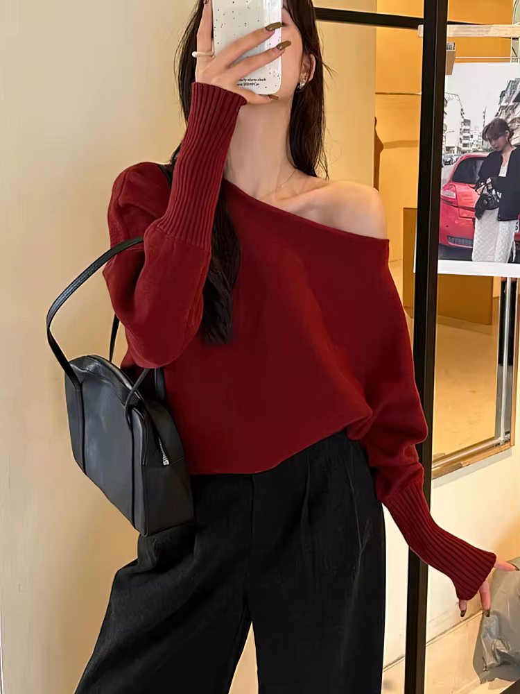 Batwing – Pull tricoté à manches longues pour femme, haut épais à épaules dénudées, mode coréenne, a