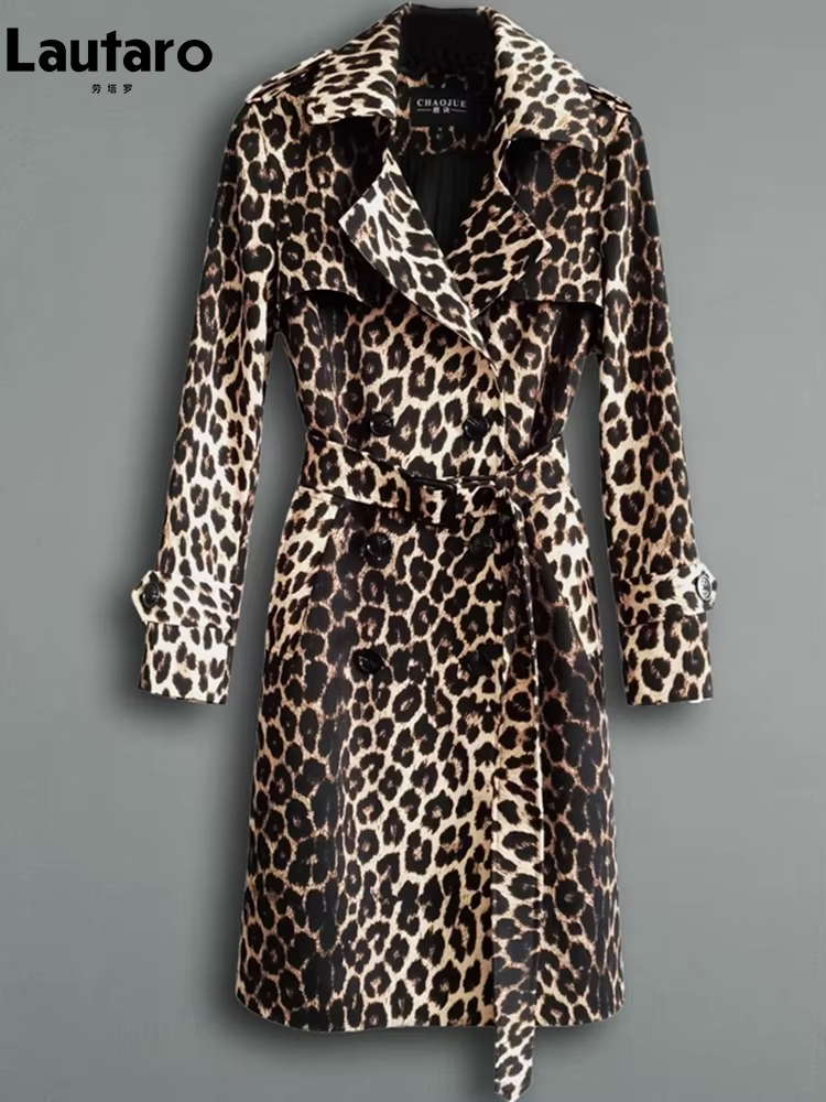 Lautaro printemps automne longue élégant imprimé léopard Trench manteau pour femmes ceinture Double