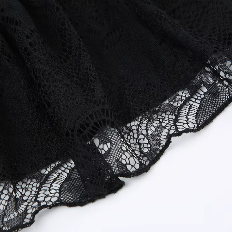 Mini-jupe noire à volants avec bordure en dentelle et nœud en ruban, micro-jupe trapèze pour femme, 