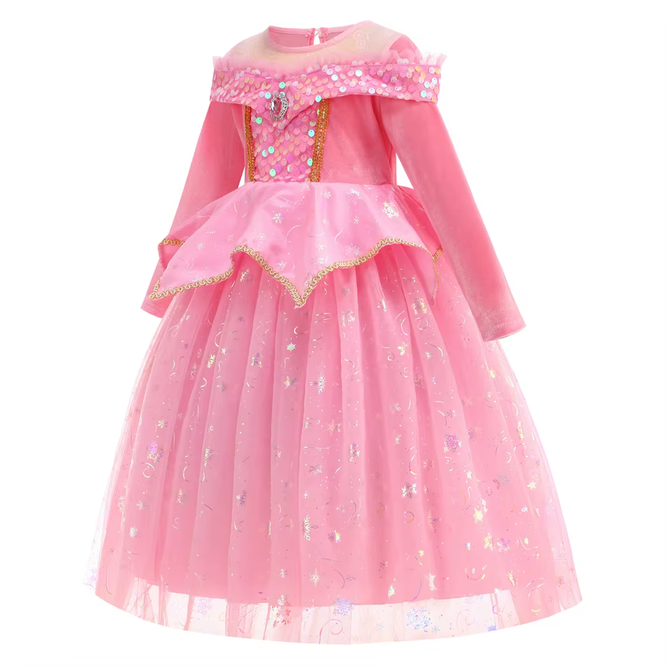 Robe de princesse Aurora pour filles, robe longue en tulle rose à paillettes, couronne, baguette mag