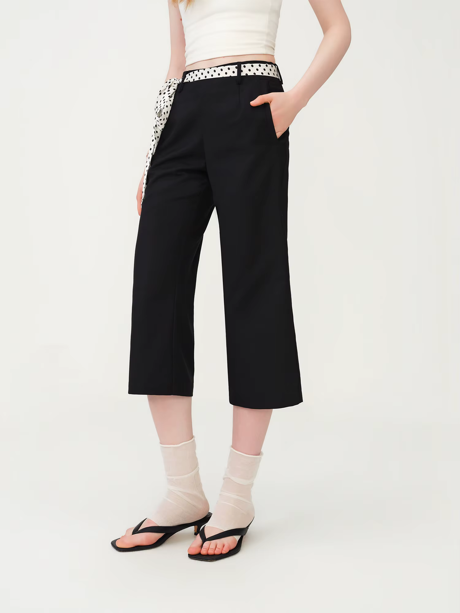 FSLE Pantalon décontracté taille basse à nouer à la taille, style rétro à pois, pour femme, nouvelle
