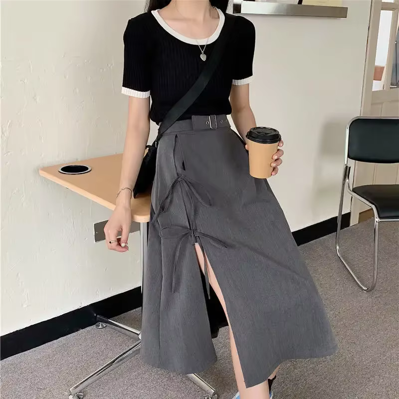 Jupes mi-mollet à fente haute gothique foncé vintage pour femmes, mode élégante, fête, club, taille