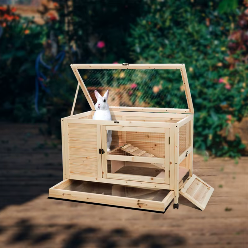 Lapin en bois à 2 niveaux pour l'extérieur, chalets avec rampe, roues, manipulation, mouvement, inst