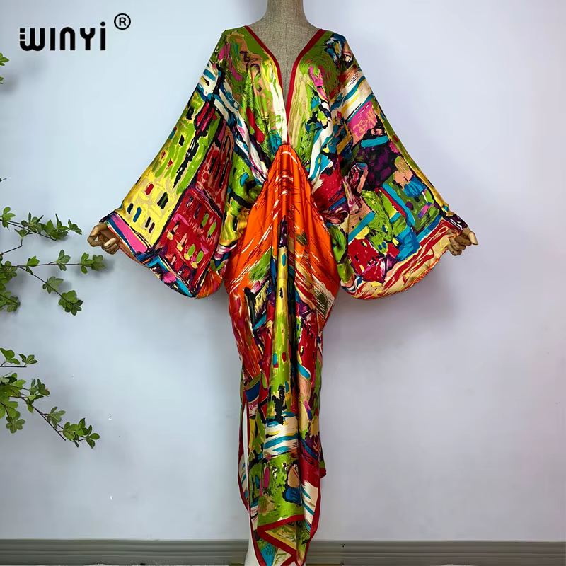 WINYI-Robe longue à col en V pour femme, robe de plage sexy, sensation de soie, mode bohème, robe de