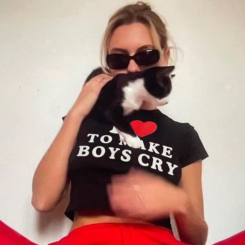 T-shirt manches courtes femme, streetwear, estival et slim, avec lettres I Love to Make Boy Cry impr