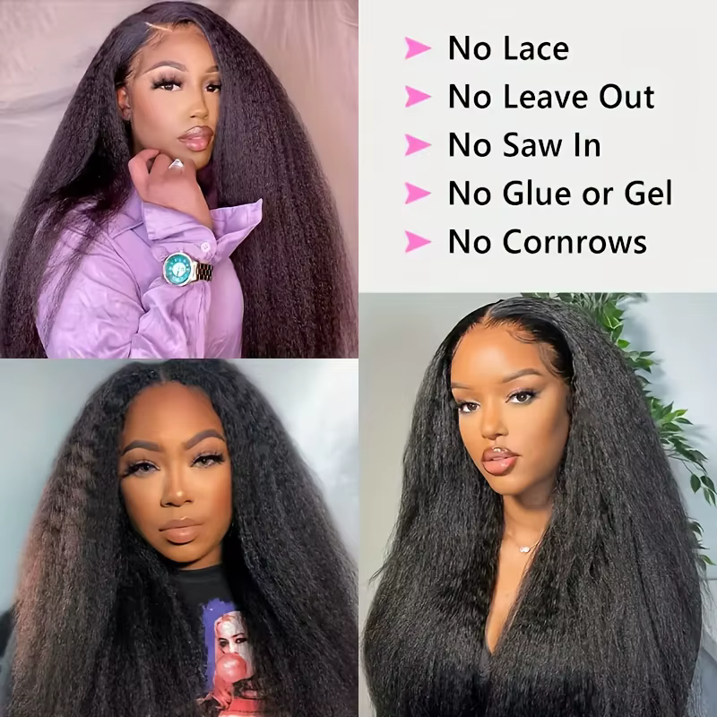 Perruque Yaki lisse crépue avec raie en V, cheveux naturels sans colle, couleur noire naturelle, san