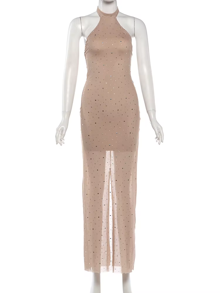 Robe de soirée sexy Kliou pour femme, décoration en faux diamants, col rond, épaules dénudées, taill