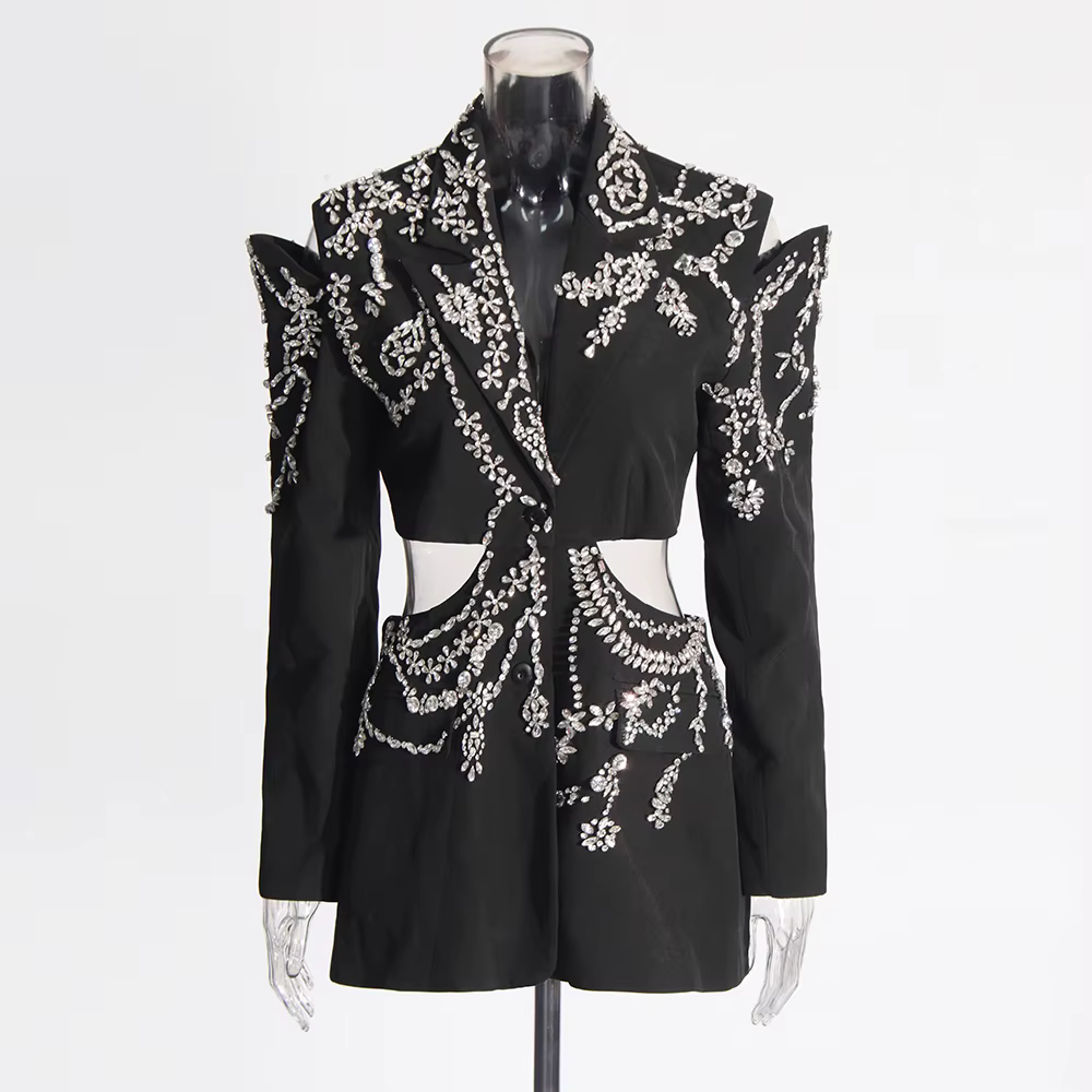 TWOTWINSTYLE évider Patchwork diamants Blazers pour femmes col cranté manches longues épissé bouton 