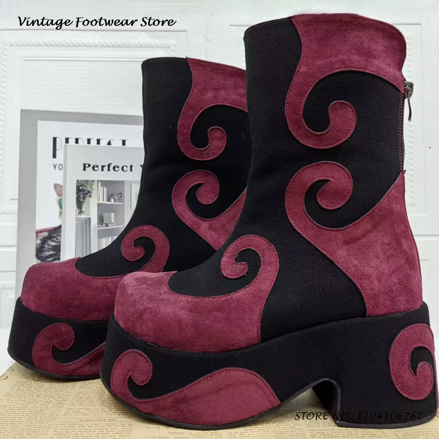 Bottines à plateforme en cuir suédé tourbillonnant, chaussures Vintage à bout rond, grande taille, S