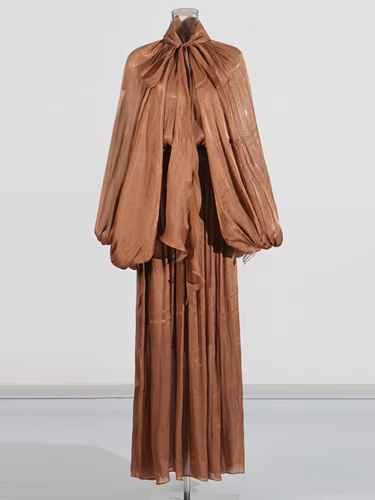TWOTWINSTYLE – robe formelle élégante et couleur unie pour femmes, col montant, manches longues, tai