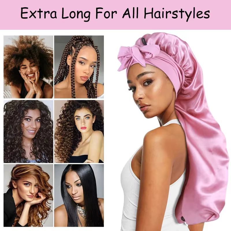 Bonnet de nuit Long en Satin pour femmes noires, couleur unie, Extra Large, avec cravate longue, Bon