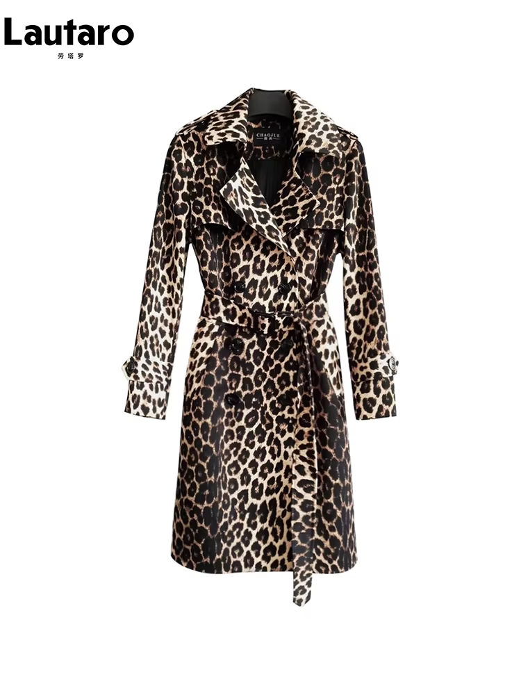 Lautaro printemps automne longue élégant imprimé léopard Trench manteau pour femmes ceinture Double