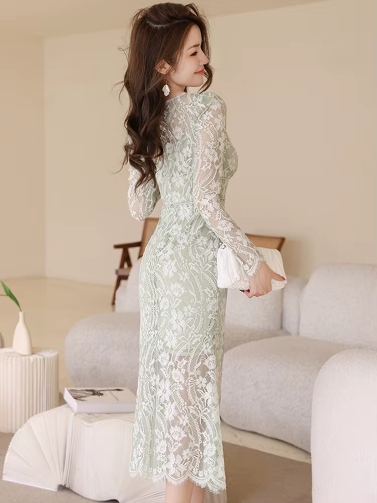 Robe maxi en dentelle transparente pour femme, robe de soirée, robe de vacances, dentelle transparen