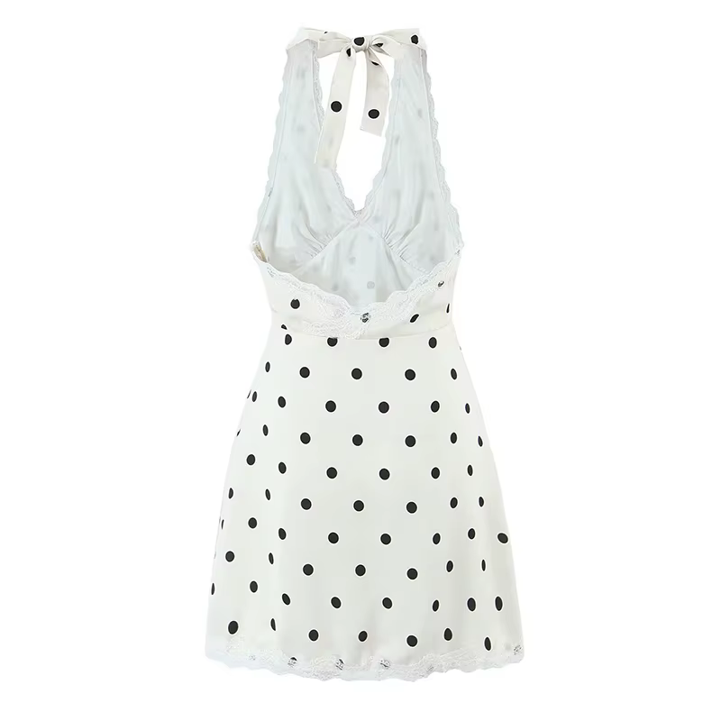 YENKYE dentelle épissé à pois Robe licou femmes élégant a-ligne Mini Sexy dos nu robes Robe d'été 20