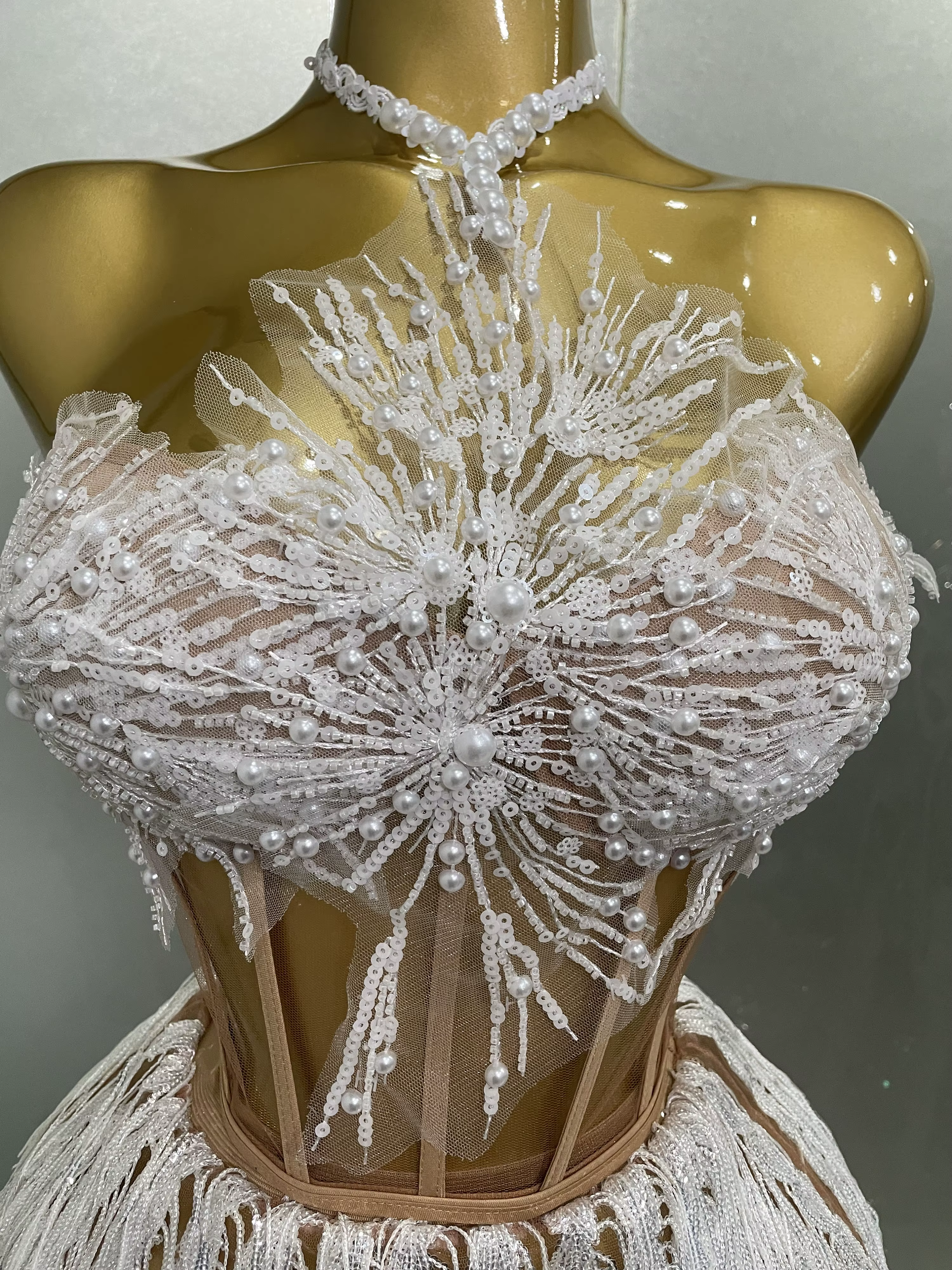 2025 Sexy perle paillettes gland sans manches paillettes Mini robe femmes chanteur Bar discothèque s