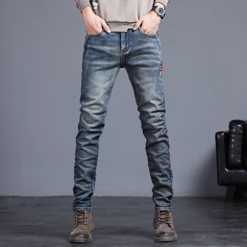 Jeans vintage brodés pour hommes, pantalons en denim Slim, petits pieds, mode coréenne, fjcommisted,