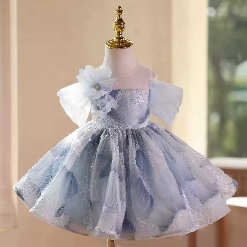 Robe de princesse élégante bleue à manches courtes pour filles 2026, robe de soirée formelle à sequi